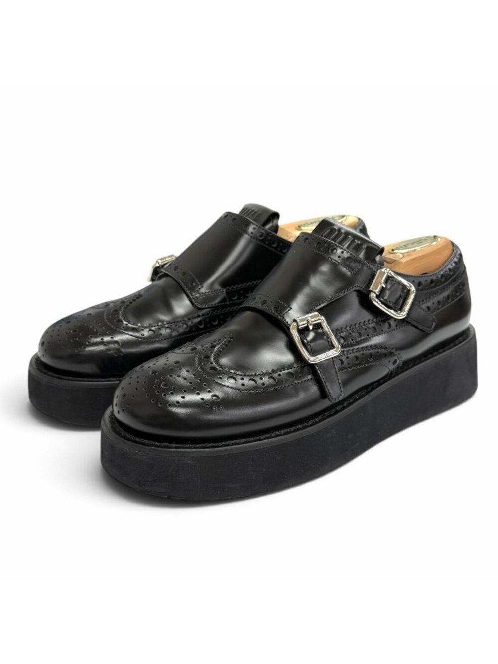 Miu Miu Leather Logo Wingtip Double Monk Platform Loafers Black Silver IT